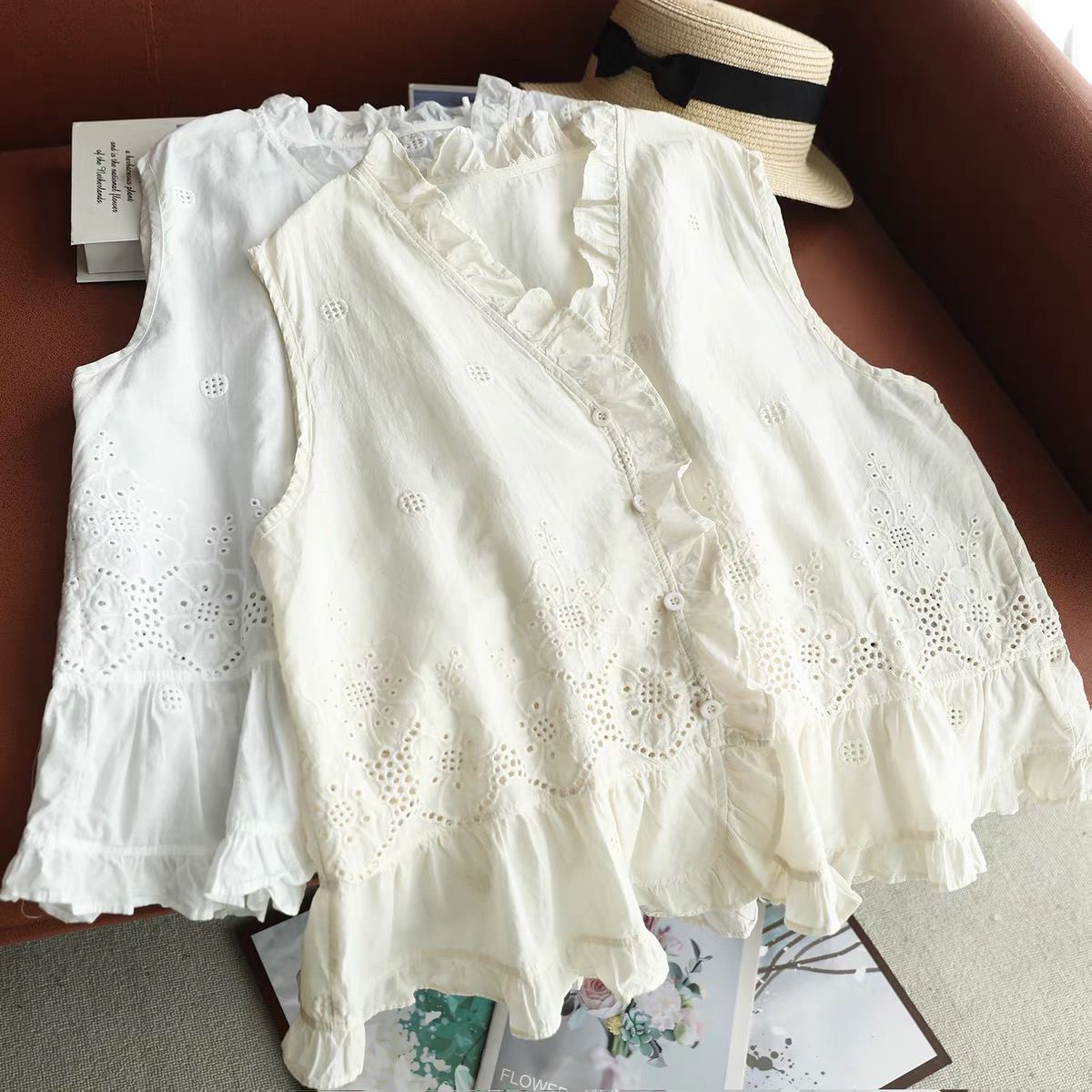 Embroidery Vest - Women Sleeveless Vest Top Ruffle V