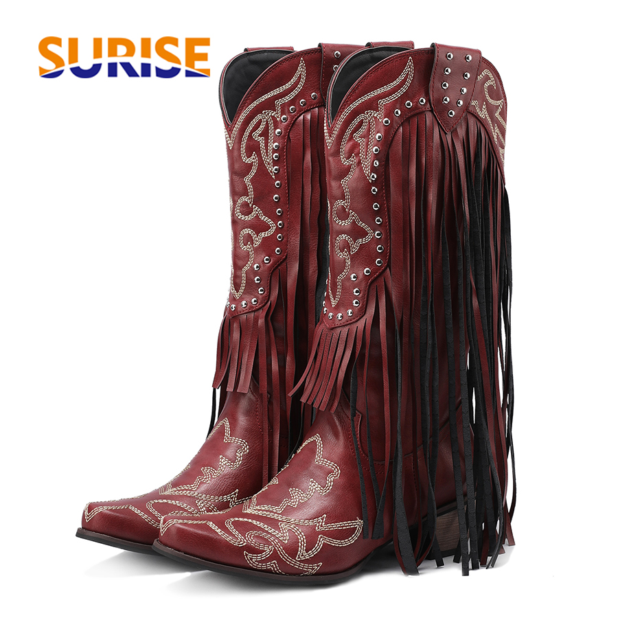 Western Cowboy Mid-calf Boots  - đánh giá và giá Embroidery Red