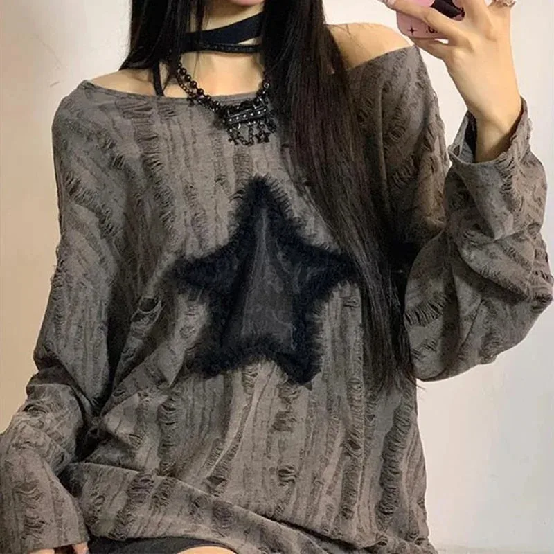 Y2K Hole Star Print T-Shirt Wo - đánh giá và giá Embroidery On Shirt
